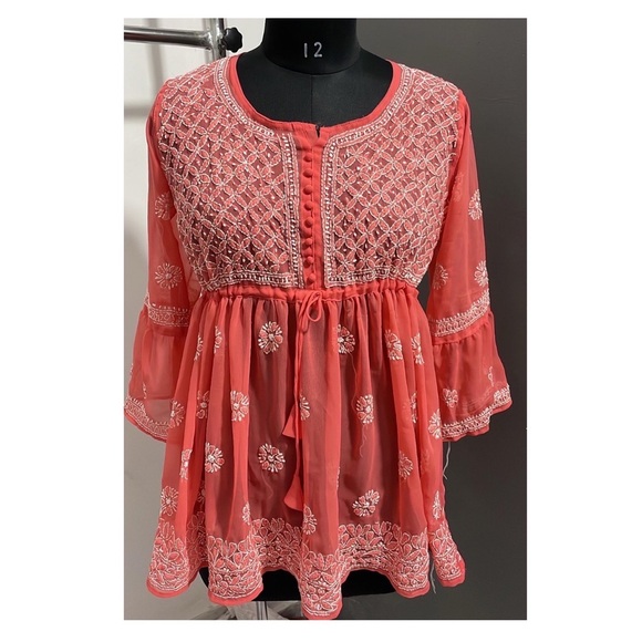 Alfah finery’s hand embroidered short frock Tomato red colour - Picture 3 of 6